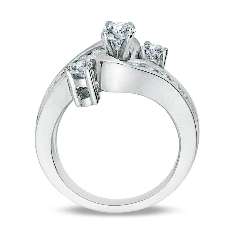 0.88 CT. T.W. Natural Diamond Three Stone Slant Bypass Bridal Engagement Ring Set in Solid 14K White Gold