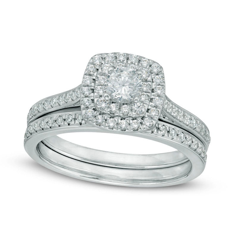 0.75 CT. T.W. Natural Diamond Double Square Frame Bridal Engagement Ring Set in Solid 10K White Gold