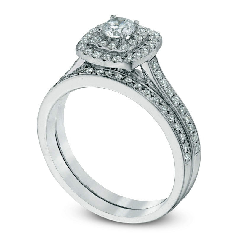 0.75 CT. T.W. Natural Diamond Double Square Frame Bridal Engagement Ring Set in Solid 10K White Gold