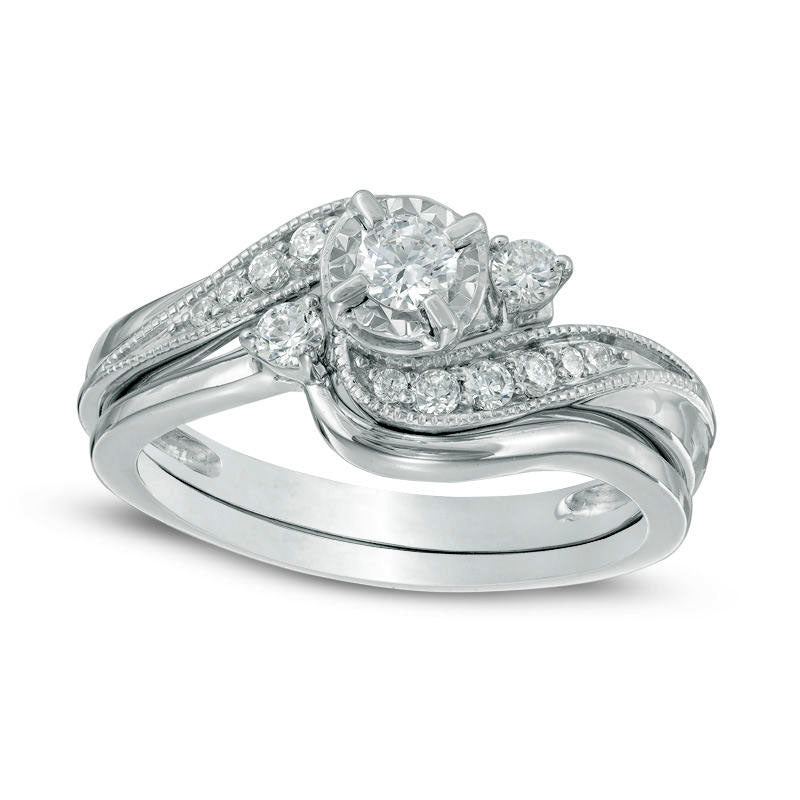 0.38 CT. T.W. Slant Three Stone Bridal Engagement Ring Set in Solid 10K White Gold