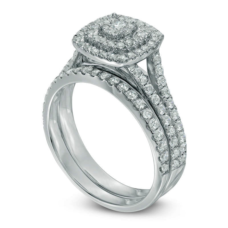 1.0 CT. T.W. Composite Natural Diamond Double Square Frame Bridal Engagement Ring Set in Solid 10K White Gold