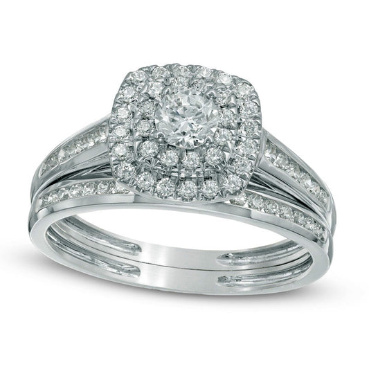 0.75 CT. T.W. Natural Diamond Double Frame Bridal Engagement Ring Set in Solid 10K White Gold