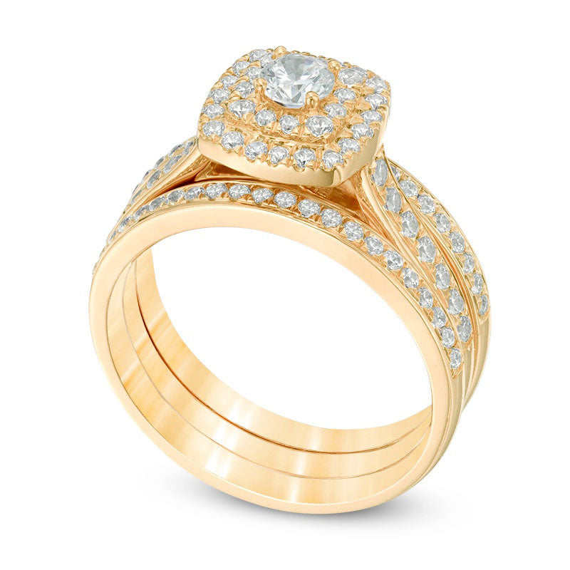 1.0 CT. T.W. Natural Diamond Double Square Frame Three Piece Bridal Engagement Ring Set in Solid 10K Yellow Gold