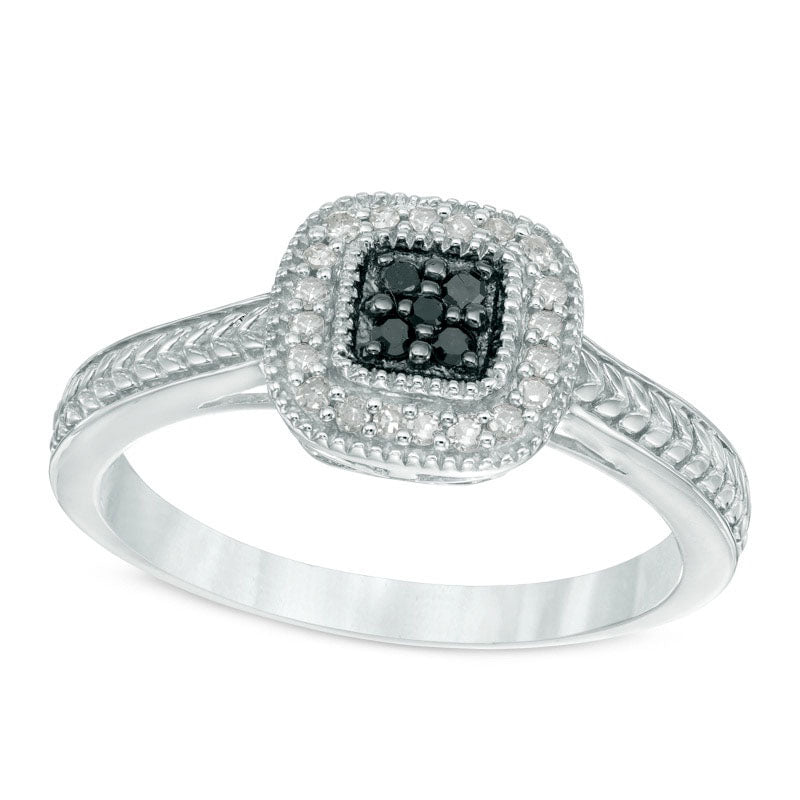 0.13 CT. T.W. Enhanced Black and White Composite Natural Diamond Cushion Frame Ring in Sterling Silver