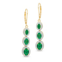 Oval Lab-Created Emerald and Diamond Accent Linear Three Stone Earrings in Sterling Silver with 14K Gold Plate