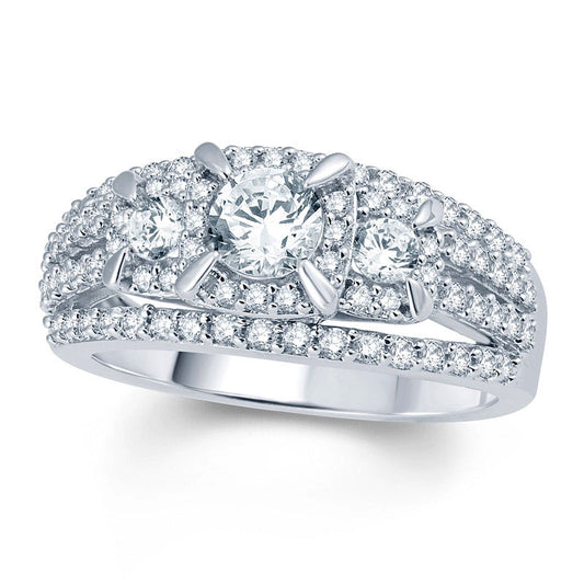 1.25 CT. T.W. Natural Diamond Three Stone Frame Multi-Row Engagement Ring in Solid 14K White Gold