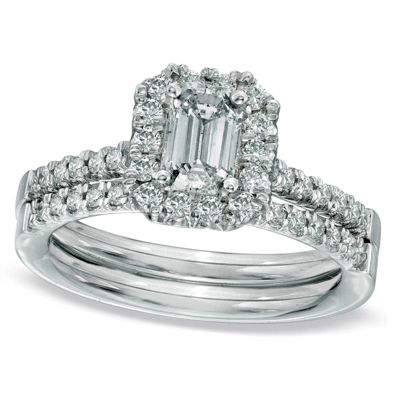 0.63 CT. T.W. Emerald-Cut Natural Diamond Frame Bridal Engagement Ring Set in Solid 14K White Gold