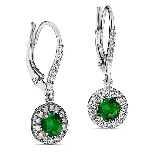 5.0mm Emerald and 0.5 CT. T.W. Diamond Frame Drop Earrings in 14K White Gold