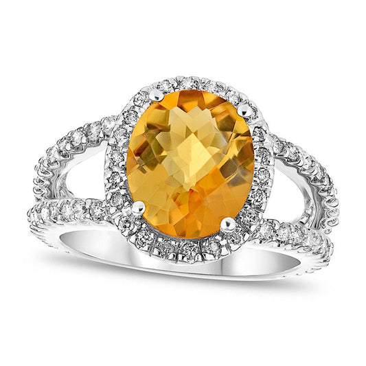 Oval Citrine and 0.88 CT. T.W. Natural Diamond Frame Split Shank Ring in Solid 14K White Gold