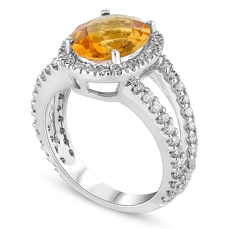 Oval Citrine and 0.88 CT. T.W. Natural Diamond Frame Split Shank Ring in Solid 14K White Gold