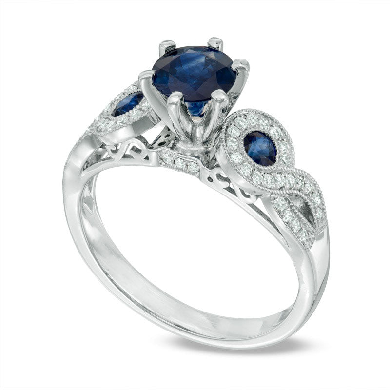 6.0mm Blue Sapphire and 0.20 CT. T.W. Natural Diamond Antique Vintage-Style Engagement Ring in Solid 14K White Gold