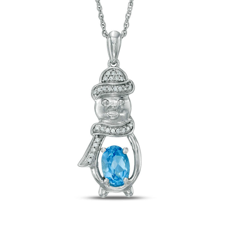 Oval Blue Topaz and Natural Diamond Accent Snowman Pendant in Sterling Silver