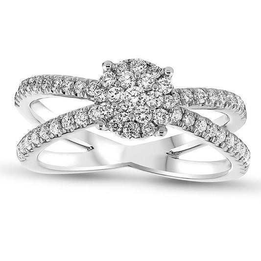 0.75 CT. T.W. Natural Diamond Cluster Orbit Engagement Ring in Solid 18K White Gold