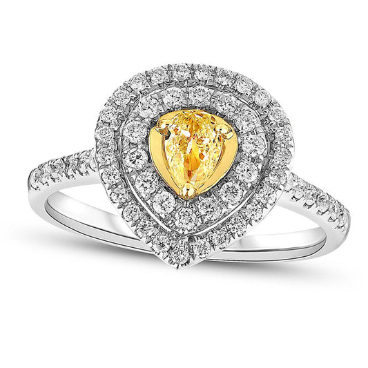 0.75 CT. T.W. Pear-Shaped Fancy Yellow and White Natural Diamond Double Frame Engagement Ring in Solid 18K White Gold