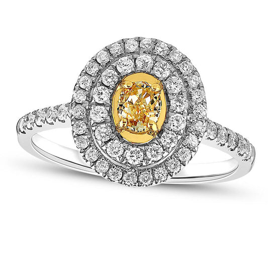 0.75 CT. T.W. Oval Fancy Yellow and White Natural Diamond Double Frame Engagement Ring in Solid 18K White Gold