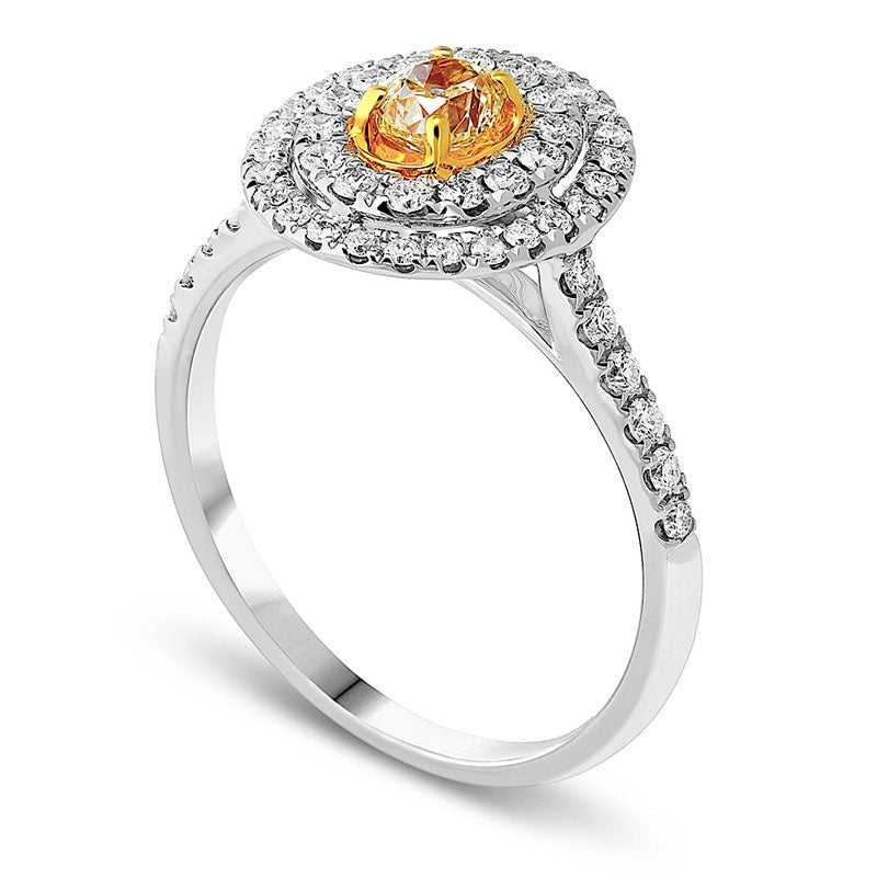 0.75 CT. T.W. Oval Fancy Yellow and White Natural Diamond Double Frame Engagement Ring in Solid 18K White Gold