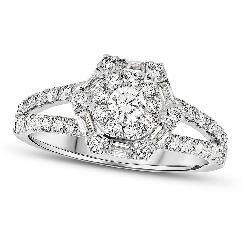 1.0 CT. T.W. Natural Diamond Hexagonal Frame Split Shank Engagement Ring in Solid 18K White Gold