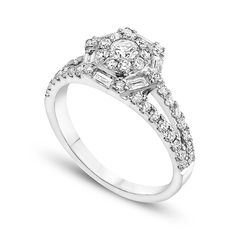 1.0 CT. T.W. Natural Diamond Hexagonal Frame Split Shank Engagement Ring in Solid 18K White Gold