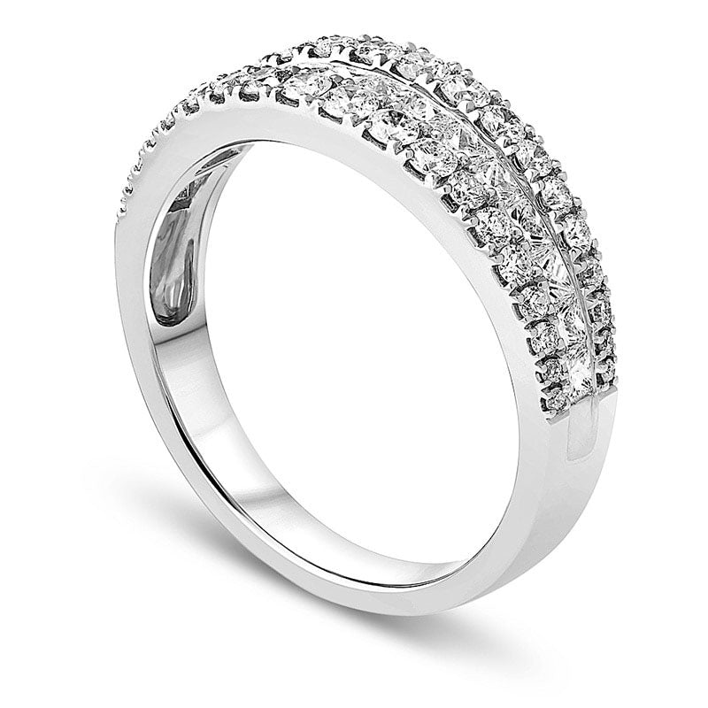 1.13 CT. T.W. Princess-Cut and Round Natural Diamond Three Row Anniversary Band in Solid 18K White Gold (I/SI2)