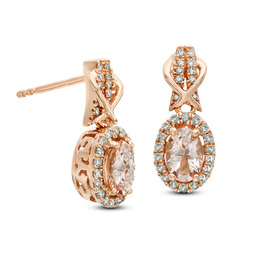 Oval Morganite and 0.33 CT. T.W. Diamond Frame Drop Earrings in 10K Rose Gold