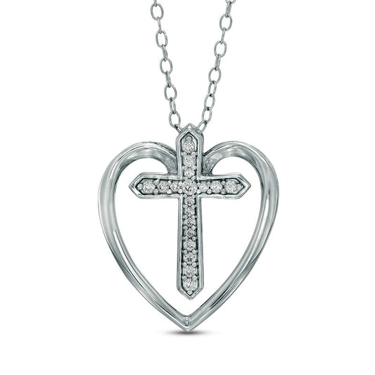 0.1 CT. T.W. Natural Diamond Cross in Heart Pendant in Sterling Silver