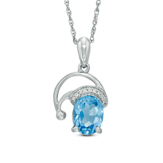 Oval Blue Topaz and Natural Diamond Accent Santa Hat Pendant in Sterling Silver