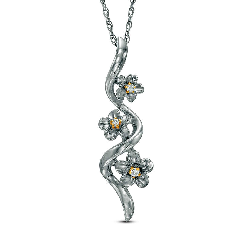 Natural Diamond Accent Triple Pinwheel Flower Drop Pendant in Sterling Silver and 10K Yellow Gold