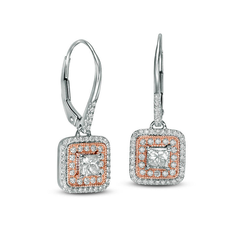 1.2 CT. T.W. Princess-Cut Diamond Double Frame Drop Earrings in 14K Two-Tone Gold