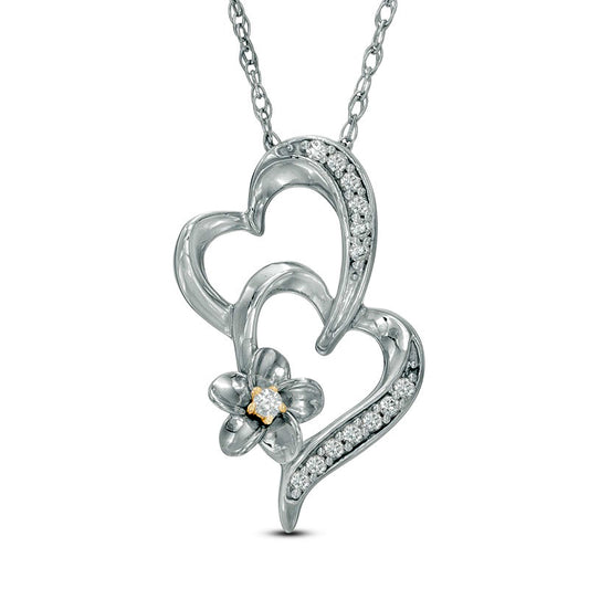 0.1 CT. T.W. Natural Diamond Tilted Double Heart Flower Pendant in Sterling Silver and 10K Yellow Gold