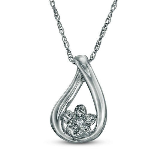 Natural Diamond Accent Flower Teardrop Pendant in Sterling Silver