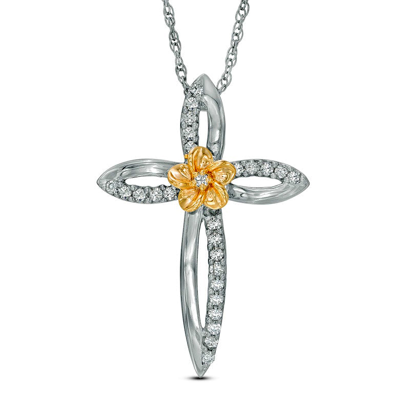 0.25 CT. T.W. Natural Diamond Open Cross Flower Pendant in Sterling Silver and 10K Yellow Gold