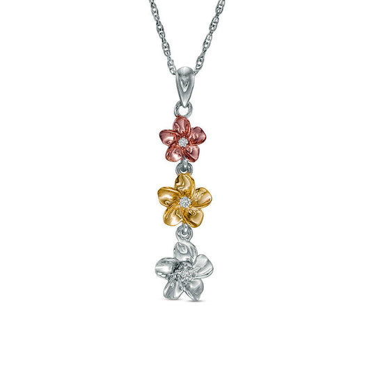 Natural Diamond Accent Flower Triple Drop Pendant in Sterling Silver and 10K Two-Tone Gold