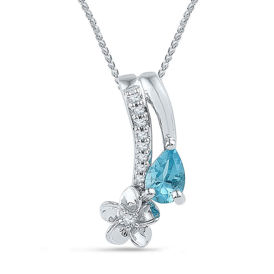 Pear-Shaped Blue Topaz and Natural Diamond Accent Flower Drop Pendant in Sterling Silver