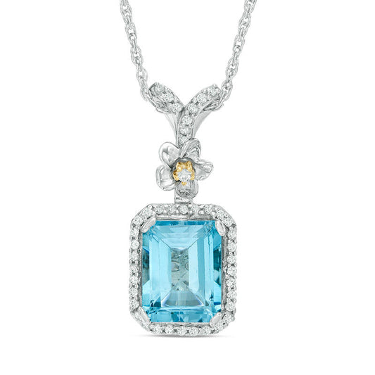 Octagonal Blue Topaz and 0.17 CT. T.W. Natural Diamond Frame with Flower Pendant in Sterling Silver and 10K Yellow Gold