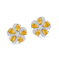 Pear-Shaped Citrine and 0.1 CT. T.W. Diamond Pinwheel Flower Stud Earrings in Sterling Silver