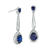 Pear-Shaped Lab-Created Blue Sapphire and Diamond Accent Frame Drop Earrings in Sterling Silver