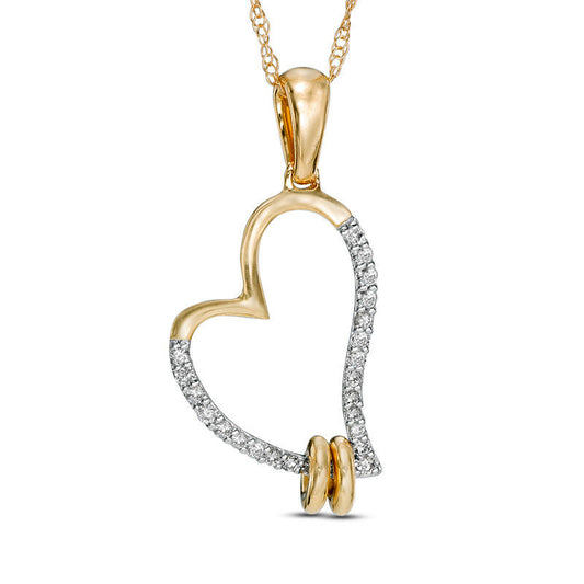 0.1 CT. T.W. Natural Diamond Tilted Heart Double Ring Pendant in 10K Yellow Gold