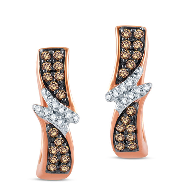 0.2 CT. T.W. Champagne and White Diamond Zig-Zag Hoop Earrings in 10K Rose Gold