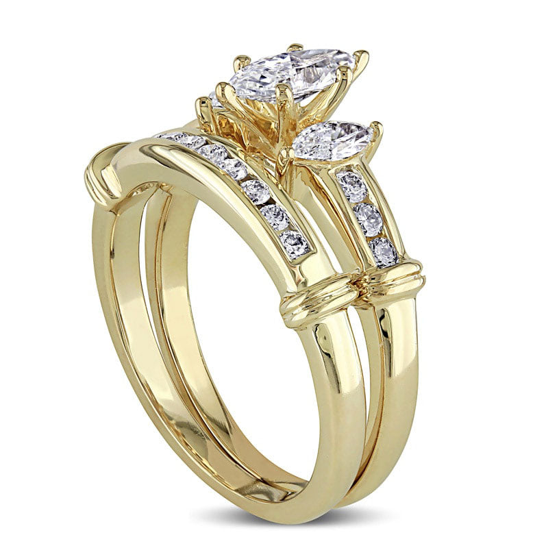 1.0 CT. T.W. Marquise Natural Diamond Three Stone Bridal Engagement Ring Set in Solid 14K Gold