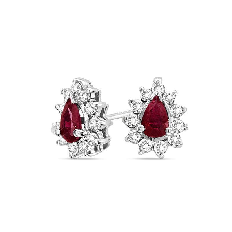 Pear-Shaped Ruby and 0.33 CT. T.W. Diamond Sunburst Frame Stud Earrings in 14K White Gold