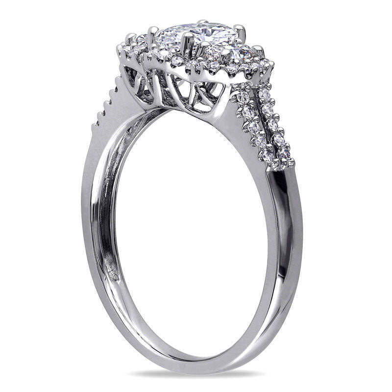 1.0 CT. T.W. Oval Natural Diamond Frame Three Stone Double Row Engagement Ring in Solid 14K White Gold