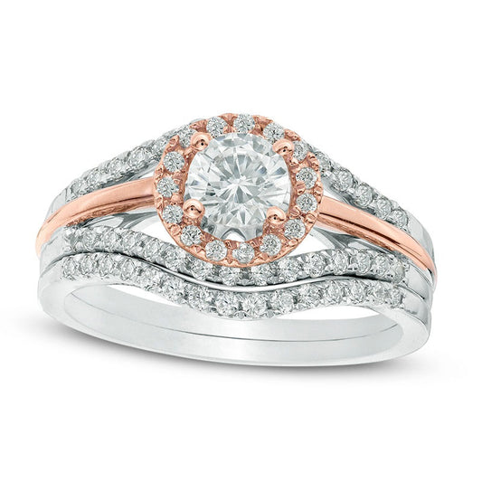 0.88 CT. T.W. Natural Diamond Frame Split Shank Bridal Engagement Ring Set in Solid 10K Two-Tone Gold