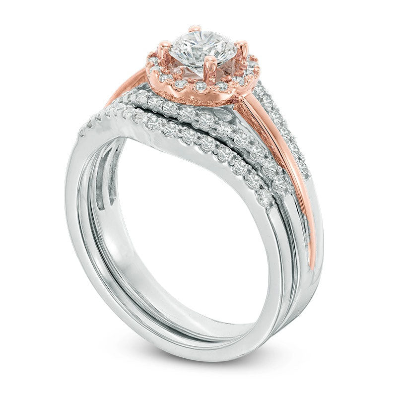 0.88 CT. T.W. Natural Diamond Frame Split Shank Bridal Engagement Ring Set in Solid 10K Two-Tone Gold