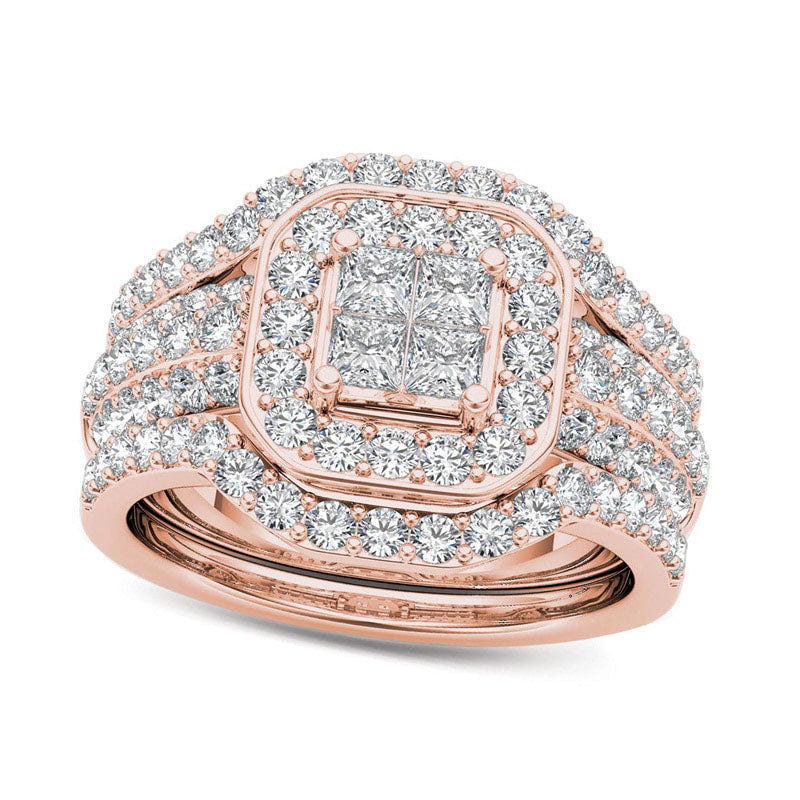 1.75 CT. T.W. Quad Princess-Cut Natural Diamond Frame Three Piece Bridal Engagement Ring Set in Solid 14K Rose Gold