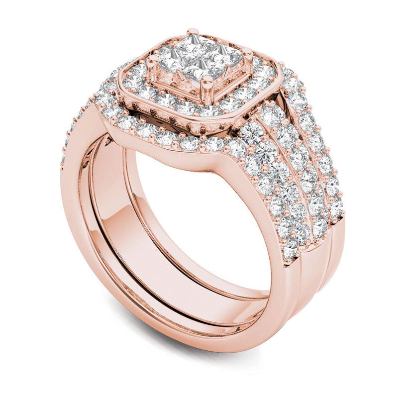 1.75 CT. T.W. Quad Princess-Cut Natural Diamond Frame Three Piece Bridal Engagement Ring Set in Solid 14K Rose Gold