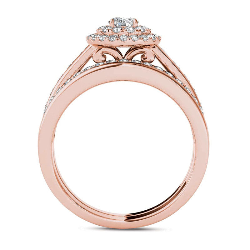 1.0 CT. T.W. Natural Diamond Double Frame Bridal Engagement Ring Set in Solid 14K Rose Gold