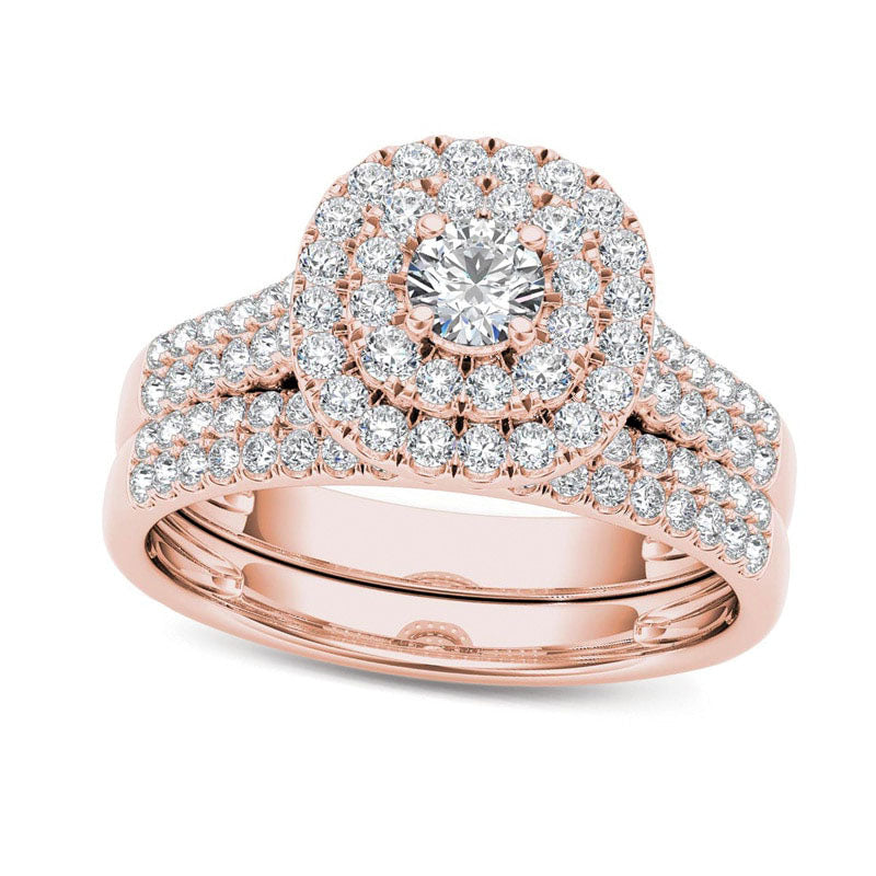 1.0 CT. T.W. Natural Diamond Double Frame Multi-Row Bridal Engagement Ring Set in Solid 14K Rose Gold