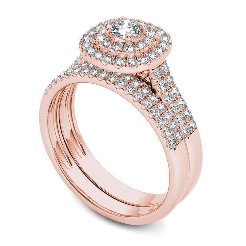 1.0 CT. T.W. Natural Diamond Double Frame Multi-Row Bridal Engagement Ring Set in Solid 14K Rose Gold