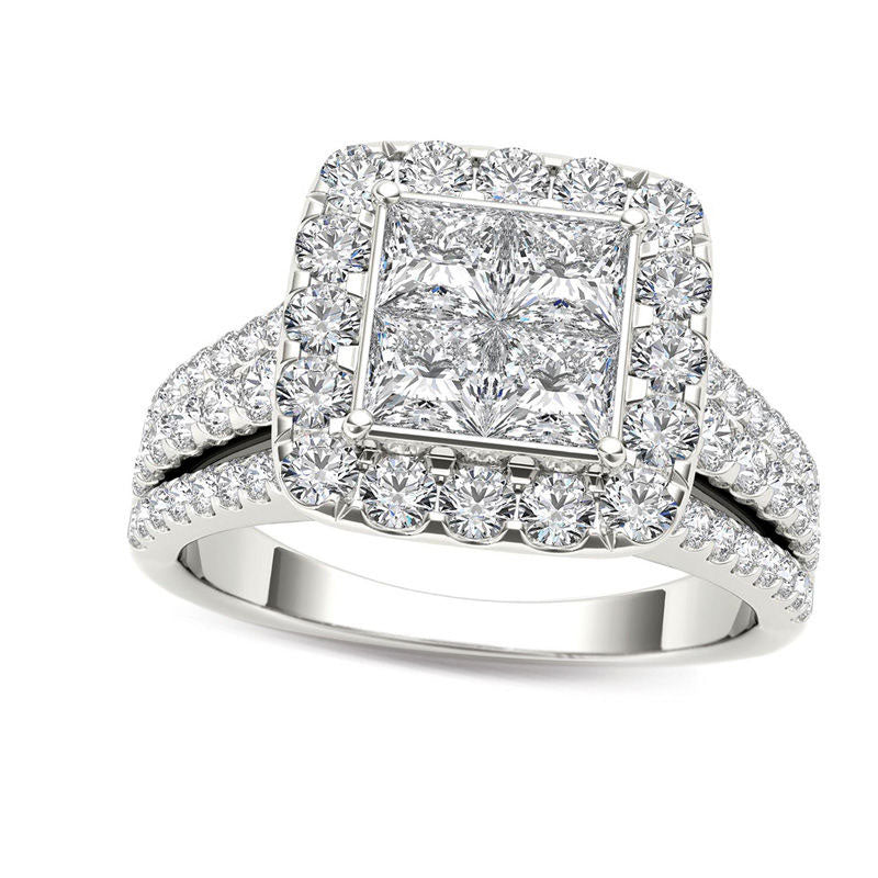 2.0 CT. T.W. Quad Princess-Cut Natural Diamond Frame Engagement Ring in Solid 14K White Gold