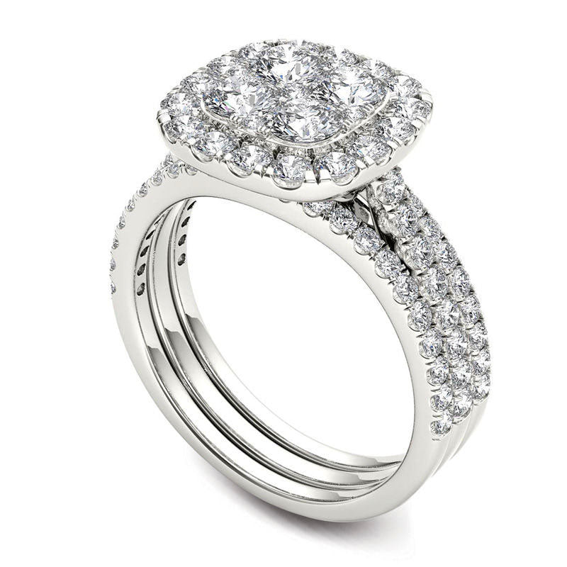 2.0 CT. T.W. Composite Natural Diamond Cushion Frame Bridal Engagement Ring Set in Solid 14K White Gold